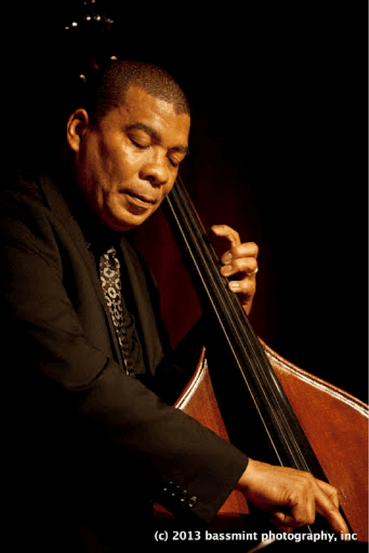 A bassist plays with his eyes closed on a dark stage, warm light catching the body of the bass.